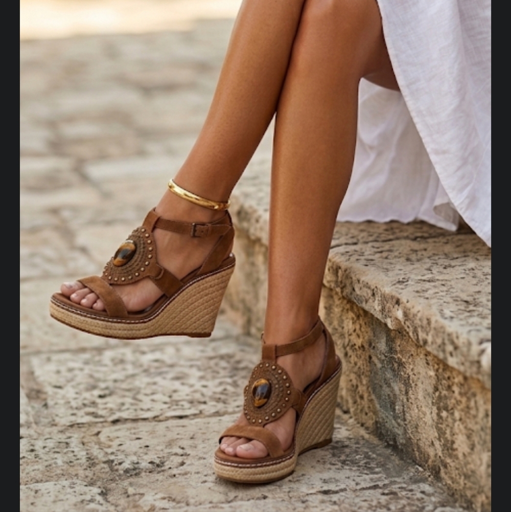 Ralph Lauren Collection Tiger’s Eye Suede Wedges Whimsigoth Boho Size 7B